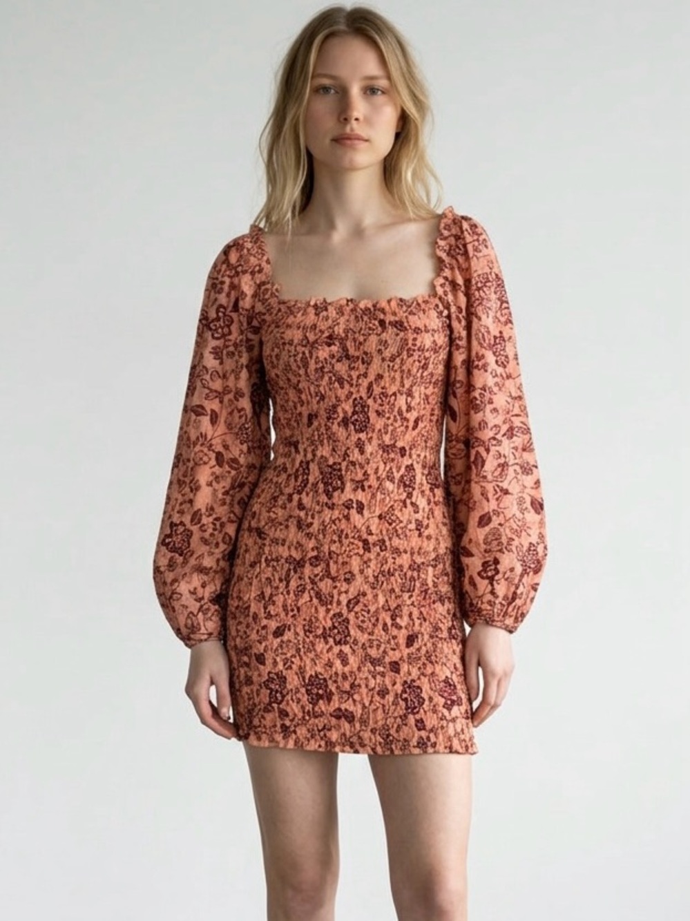 Free People Smock It To Me Apricot Orange Combo Floral Long Sleeve Midi Dress